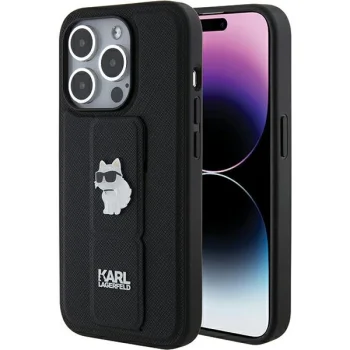 Karl Lagerfeld iPhone 15 Pro vāciņš Gripstand Saffiano Choupette Pins, melns