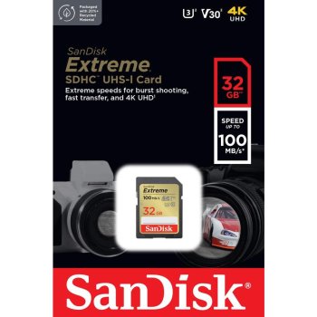 SanDisk Extreme SDHC 32GB atmiņas karte 100MBs V30 U3, melna