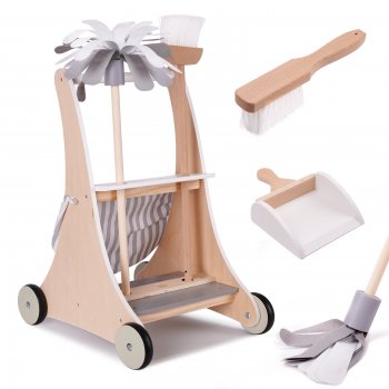 Bērnu spēļu rotaļu koka ratiņi, uzkopšanas tīrīšanas komplekts | Kid's Wooden Cleaning Set with Trolley and...