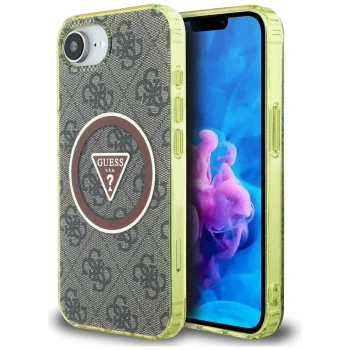Guess IML Metal Glitter 4G Circle Triangle MagSafe vāciņš iPhone 16e, brūns