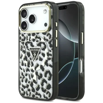 Чехол Guess IML Leopard Glitter Triangle Logo MagSafe для iPhone 17 Pro / 18 Pro, черный