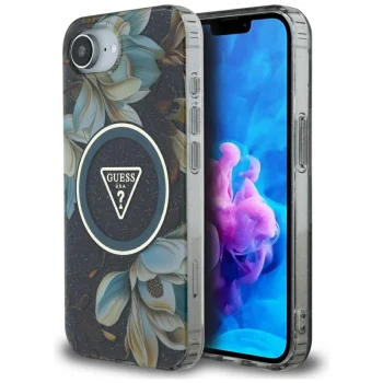Guess IML Metal Glitter Flowers Triangle MagSafe vāciņš iPhone 16e, Melns