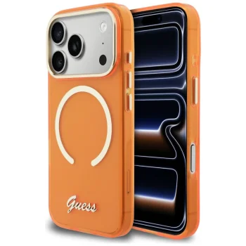 Guess IML Script Metal MagSafe Maciņš ar MagSafe iPhone 17 Pro Max – oranžs | Phone Case Cover
