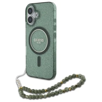 Guess iPhone 16 Plus vāciņš IML Glitter With Pearl Strap MagSafe, zaļš