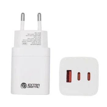 Extra Digital 65W GaN tīkla lādētājs (2x USB-C, 1x USB-A), Balts