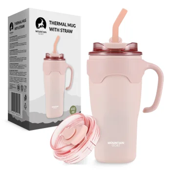 4Fizjo Mountain Goat Thermal Mug with Straw 650ml, Pink