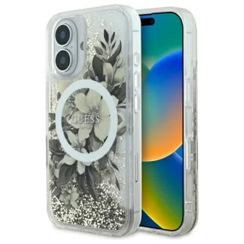 Guess iPhone 16 vāciņš Liquid Glitter Flower MagSafe, bēšs