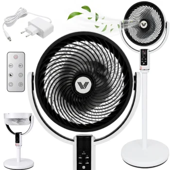 Adjustable Floor Fan with LED Display, Remote Control and Oscillation, White/Black