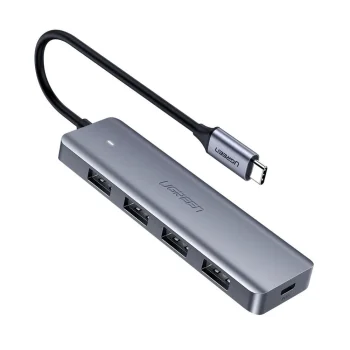 Ugreen USB-C centrmezgls (HUB) - 4x USB 3.2 Gen 1 ar USB-C barošanas portu, pelēks