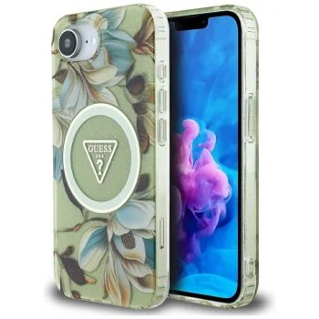 Чехол Guess IML Metal Glitter Flowers Triangle MagSafe для iPhone 16e - Зеленый