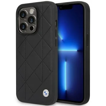 BMW Leather Quilted vāciņš iPhone 14 Pro, melns