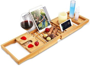 Раздвижная бамбуковая полка-столик на ванну 70-105 см