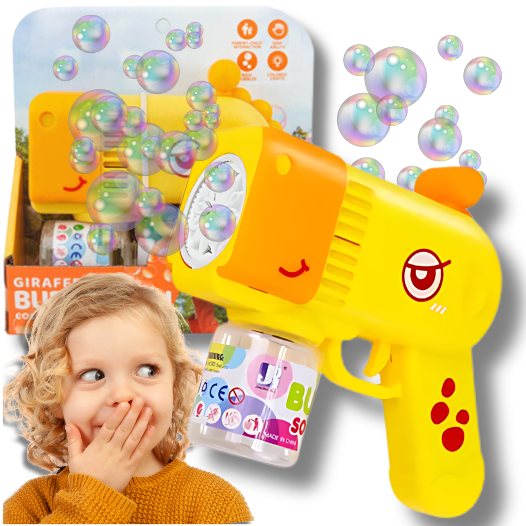 Ziepju burbuļu pistole Žirafe ar šķidrumu un gaismām, dzeltena