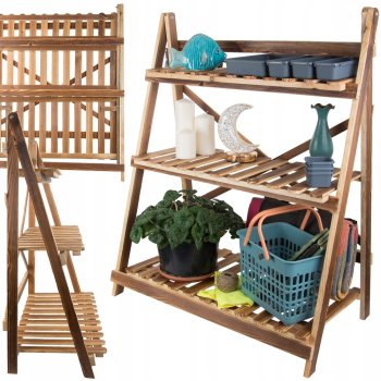 Koka puķu podu plaukts, statīvs, augu un mājas dekora stends, 3 līmeņu | Wooden Flower Shelf Stand