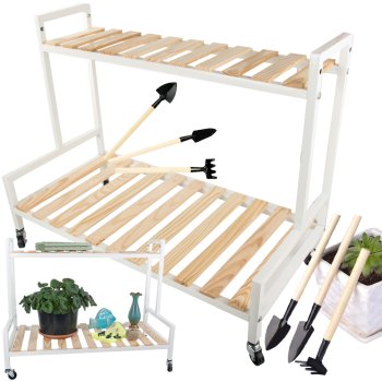 Koka divlīmeņu puķu plaukts uz riteņiem + darzkopības instrumenti | Wooden Flower Shelf on Wheels