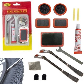 Vulkanizācijas Komplekts Velosipēdu Iekšējās Caurulītes Remonta Plāksteriem Ar Karotes Līmi | Vulcanisation Kit For Bicycle Inner Tubes Repair Patches With Spoons Glue