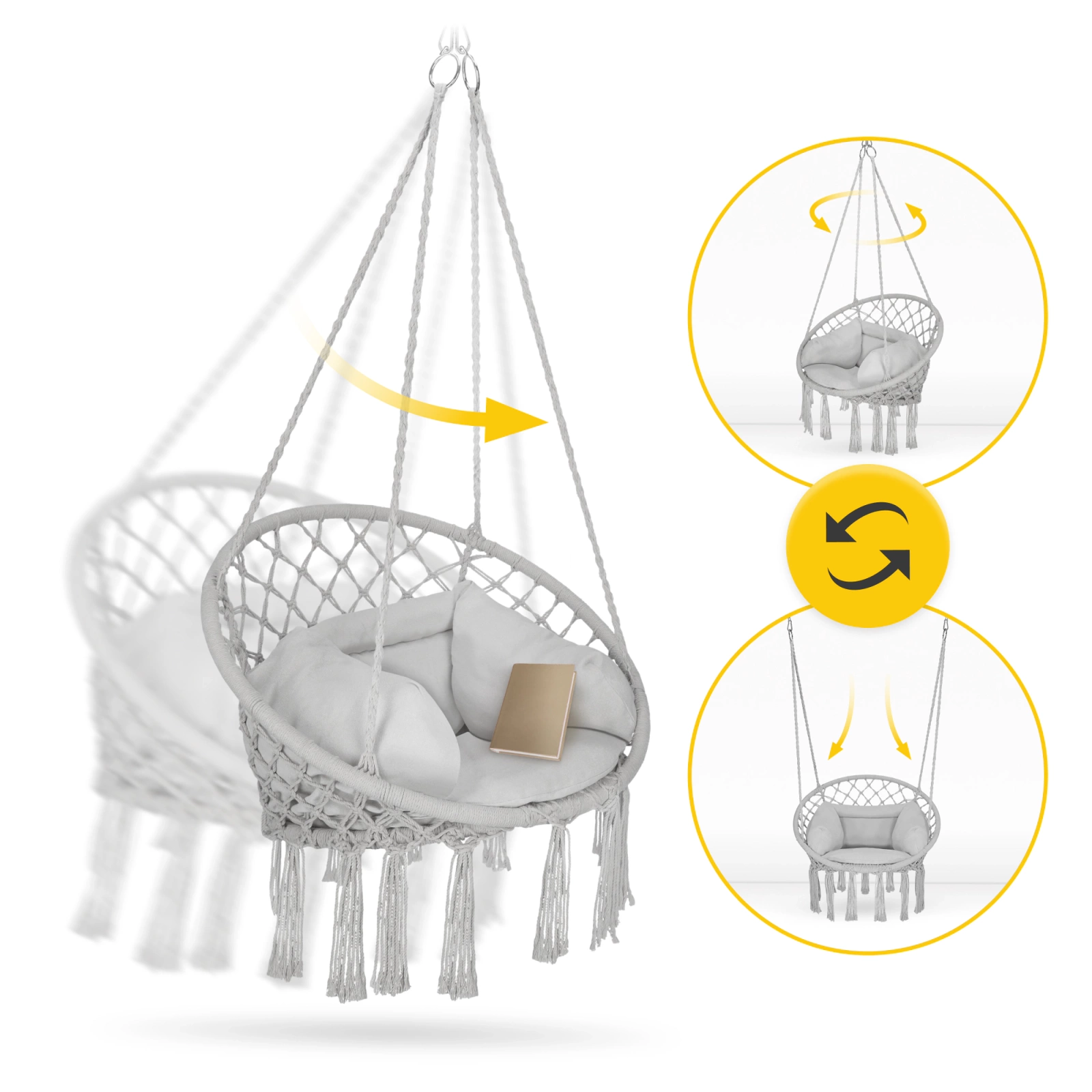 Iekaramais krēsls BOHO ar spilvenu dārzam un terasei, pelēks (1)