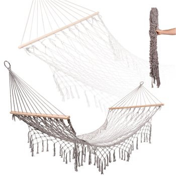 Boho dārza tīkla šūpuļtīkls ar bārkstīm 200 cm, pelēks