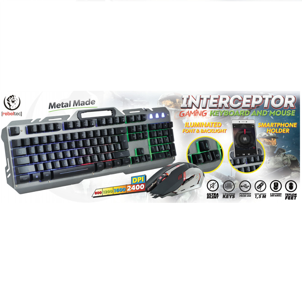 Rebeltec INTERCEPTOR 2 Wire Keyboard + Wire Optical Mouse Set, Black | Tastatūra Klaviatūra Datoram + Datorpele (0)