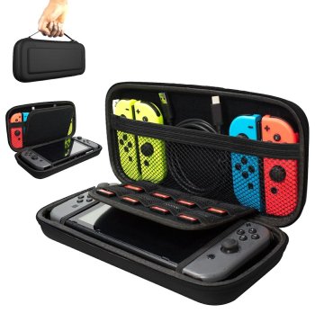 Liels Nintendo Switch konsoles ietvars ar aksesuāru nodalījumiem, melns