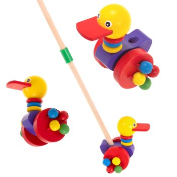 Izglītojoša Koka Stumjamā Rotaļlieta uz Kociņa, Pīle | Educational Kids Toddler Wooden Push Toy on Stick