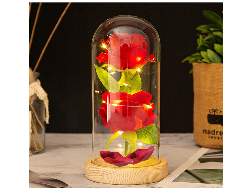 Mūžīgā roze stikla kupolā ar LED apgaismojumu, sarkana (1)