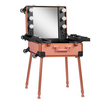 KUFER Profesionālais Galdiņš/Koferis Vizažista Makeup Grima Kosmētikas ar Spogulis un LED Apgaismojumu T-27, roza | Professional Table/Suitcase for Makeup Cosmetic Artist