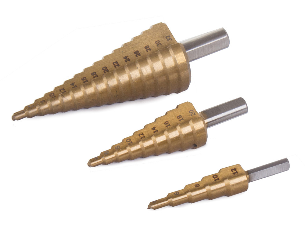 Step cone drill bit set for metal, HSS titanium coated, 3 pcs (2)