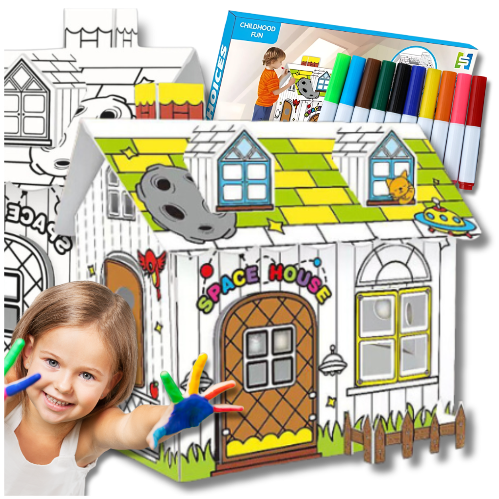 Foldable Cardboard Coloring Playhouse for Kids with Markers