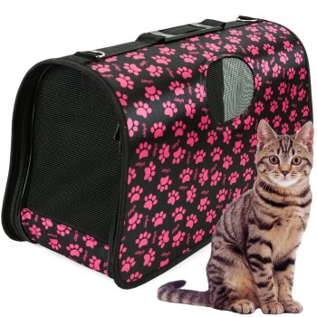 Large pet carrier bag for dogs and cats black with paw prints