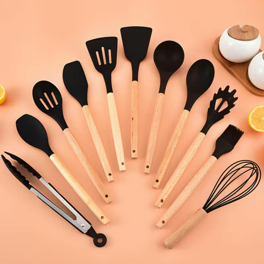 Kitchen Utensil Set 12-Piece Silicone Cooking Tools, Black (1)