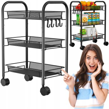 Storage Trolley on Wheels, Rolling Cart Organizer Shelf for Bathroom Kitchen Laundry Room Narrow Places, Black