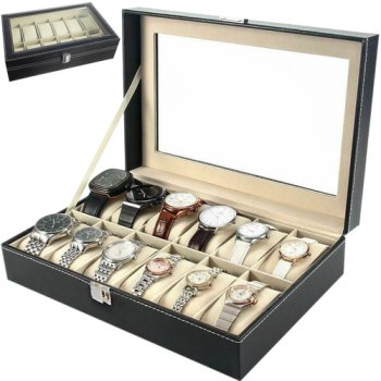Watch and Jewelry Organizer with 12 Compartments, Black