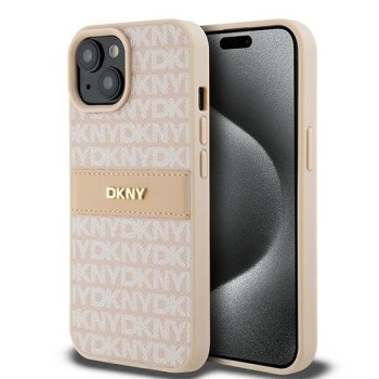 Apple iPhone 15 Plus 6.7'' DKNY Leather Mono Stripe Metal Logo Case Cover, Pink