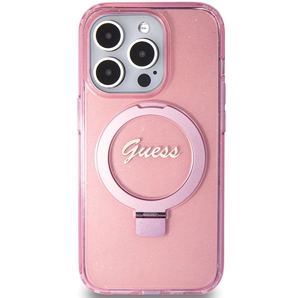 Guess Ring Stand Script Glitter MagSafe case for iPhone 15 Pro - pink (1)