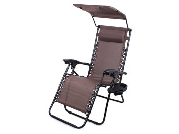 Garden Beach Deck Chair Folding Sunbed with Canopy and Cup Holder, Brown