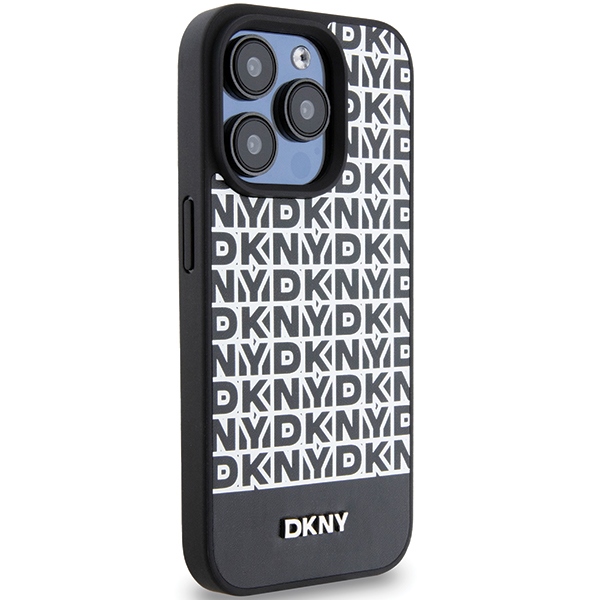 Apple iPhone 15 Pro Max 6.7'' DKNY Leather Printed Pattern Metal Logo MagSafe Case Cover, Black (2)