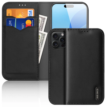 Apple iPhone 16 Pro 6.3'' Dux Ducis Hivo Genuine Leather Book Case Cover, Black