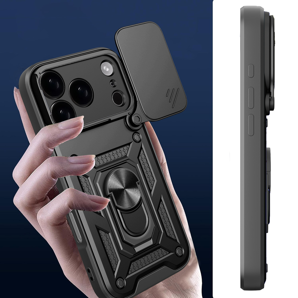 Hybrid Armor Camshield iPhone 17 Pro Case with Stand and Camera Cover - Black (2)