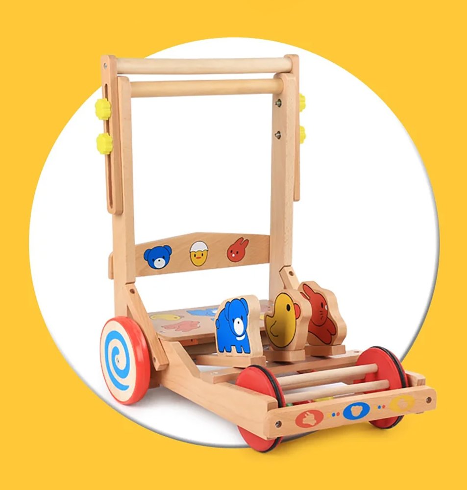 Interactive Wooden Baby Walker with Jumping Animals, Adjustable Height (0)