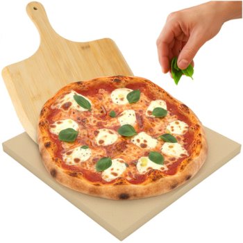 Cordierite Pizza Stone Set with Bamboo Peel Ruhhy 26916 38x36 cm, beige