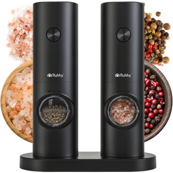 Electric Salt and Pepper Grinders with Adjustable Coarseness and LED, 2-pack, Black