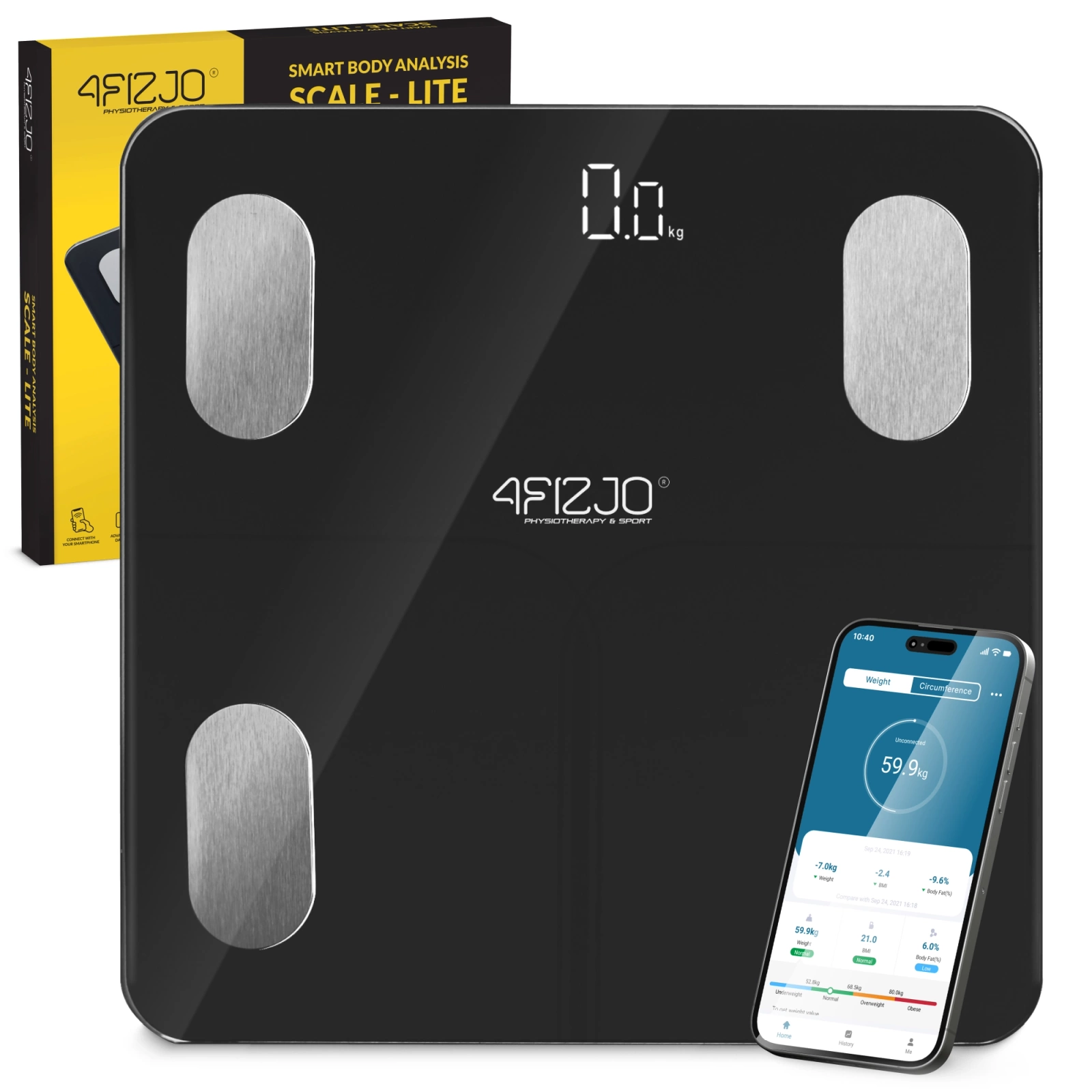 Smart Body Fat Scale 4FIZJO LITE with App, 180 kg, Black