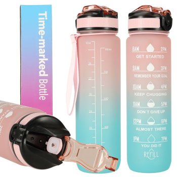 Motivational Water Bottle with Time Marker Reminder Tracker Leak-proof BPA Free, 1L, Pink-Blue