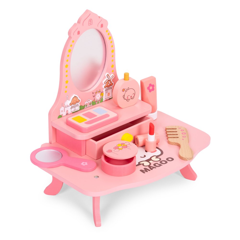 ECOTOYS Wooden Kids Dressing Table with Mirror and 7 Accessories (1)