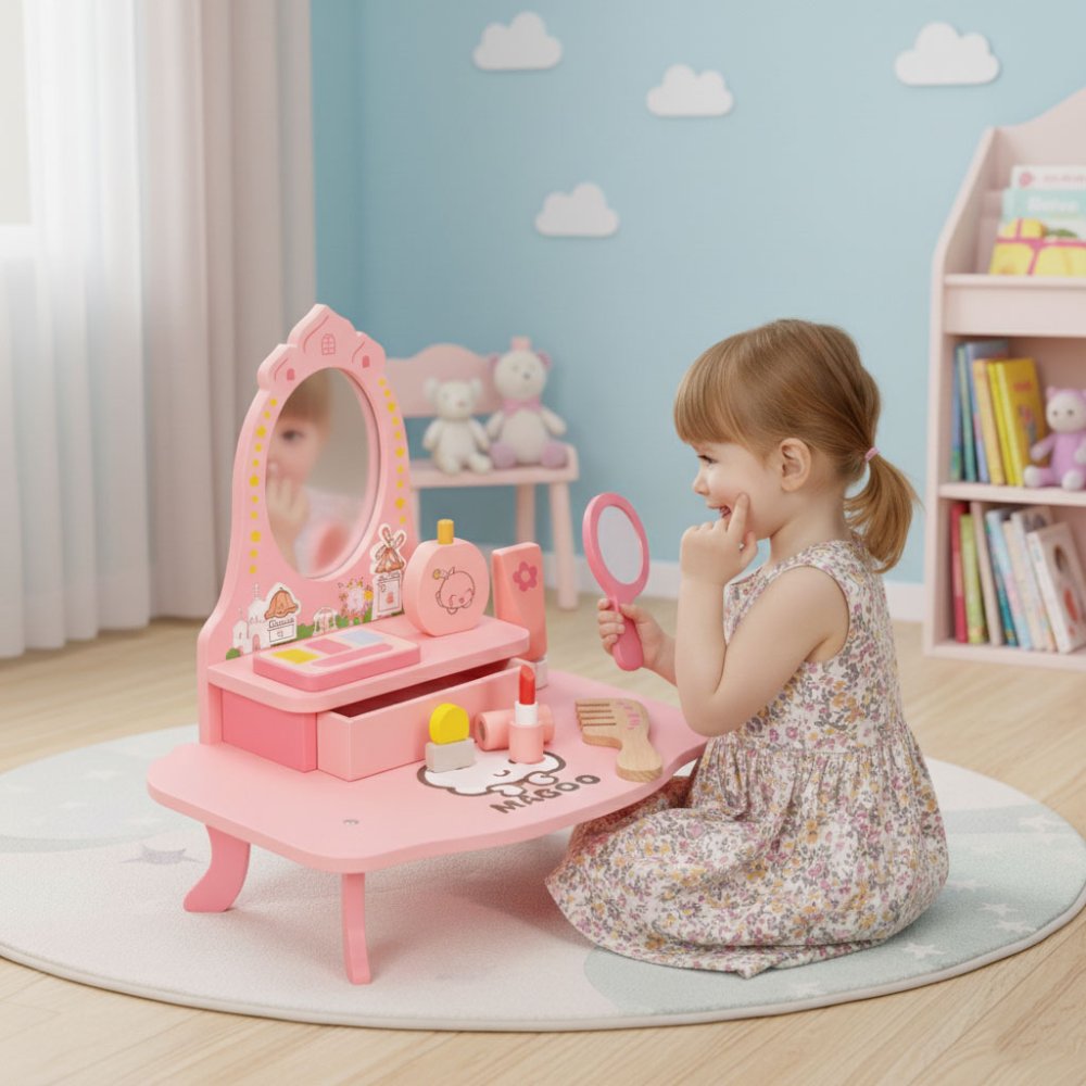 ECOTOYS Wooden Kids Dressing Table with Mirror and 7 Accessories (2)