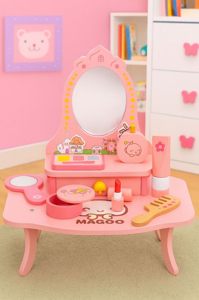 ECOTOYS Wooden Kids Dressing Table with Mirror and 7 Accessories (3)