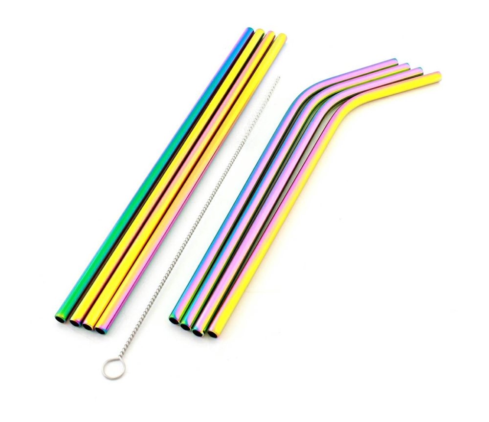 A set of 8 Reusable Metal Drinking Straws with Cleaning Brush and Pouch, Rainbow (3)