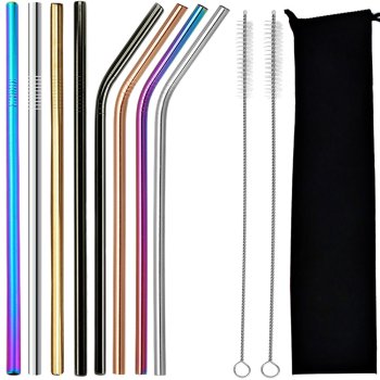 A set of 8 Reusable Metal Drinking Straws with Cleaning Brush and Pouch