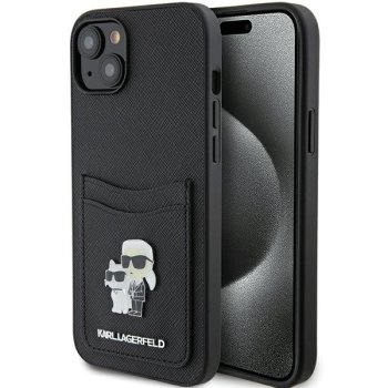 Apple iPhone 15 6.1" Karl Lagerfeld Saffiano Cardslot Karl&Choupette Metal Pin Case Cover, Black